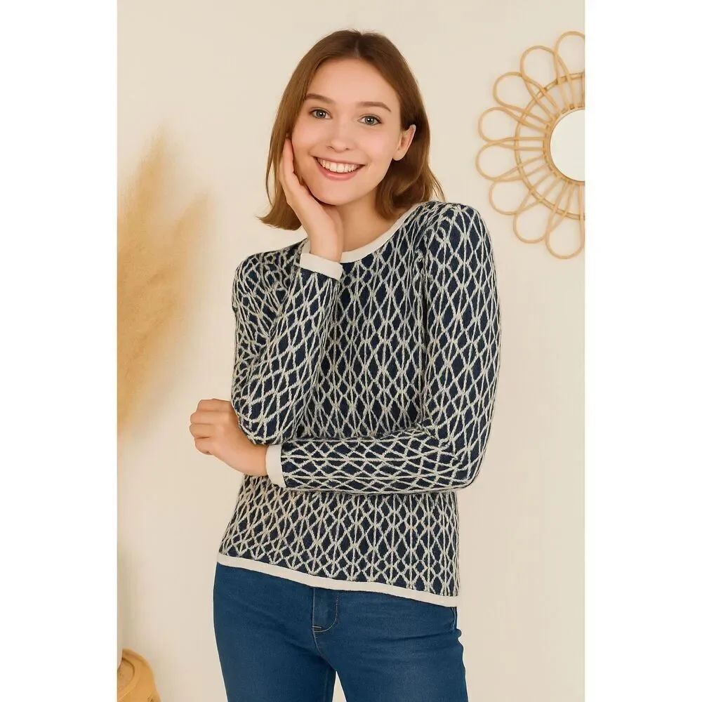 LOFT Women’s 100% Linen Navy & White Knit Sweater Textured Open Knit Size Small